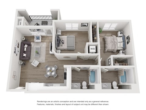 Floor plan for 2 beds, 2 baths, 1049 sqft